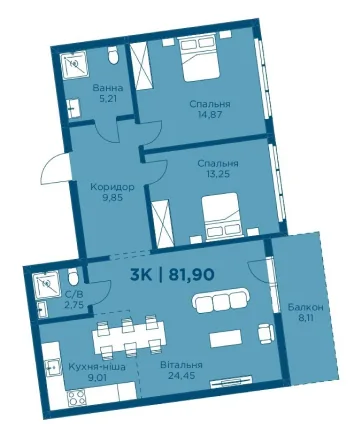 Планування 3-кімнатної квартири 81,90 м² в Hydropark Deluxe