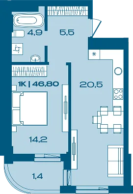 Планування 1-кімнатної квартири 46,80 м² в Porto Franko