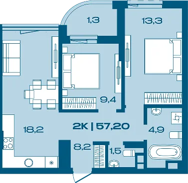 Планування 2-кімнатної квартири 57,20 м² в Porto Franko