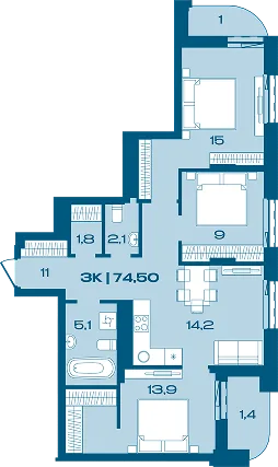 Планування 3-кімнатної квартири 74,50 м² в Porto Franko