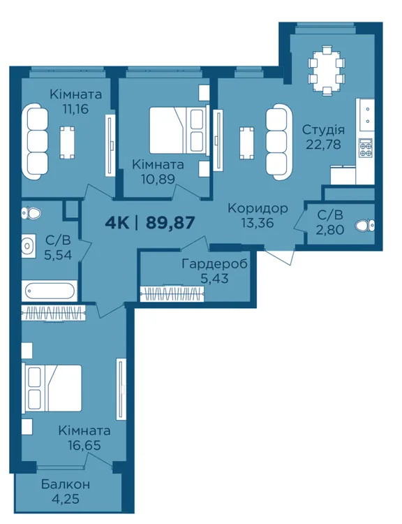 Планування 4-кімнатної квартири 89,87 м² в URBN